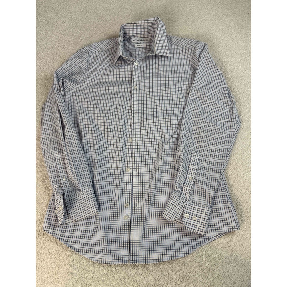 Mizzen + Main Mens Trim Fit Long Sleeve Checkered Blue Button-Up Shirt Medium